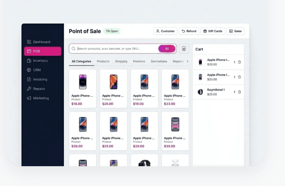 Phone repair shop software dashboard showing active repairs, parts inventory and POS